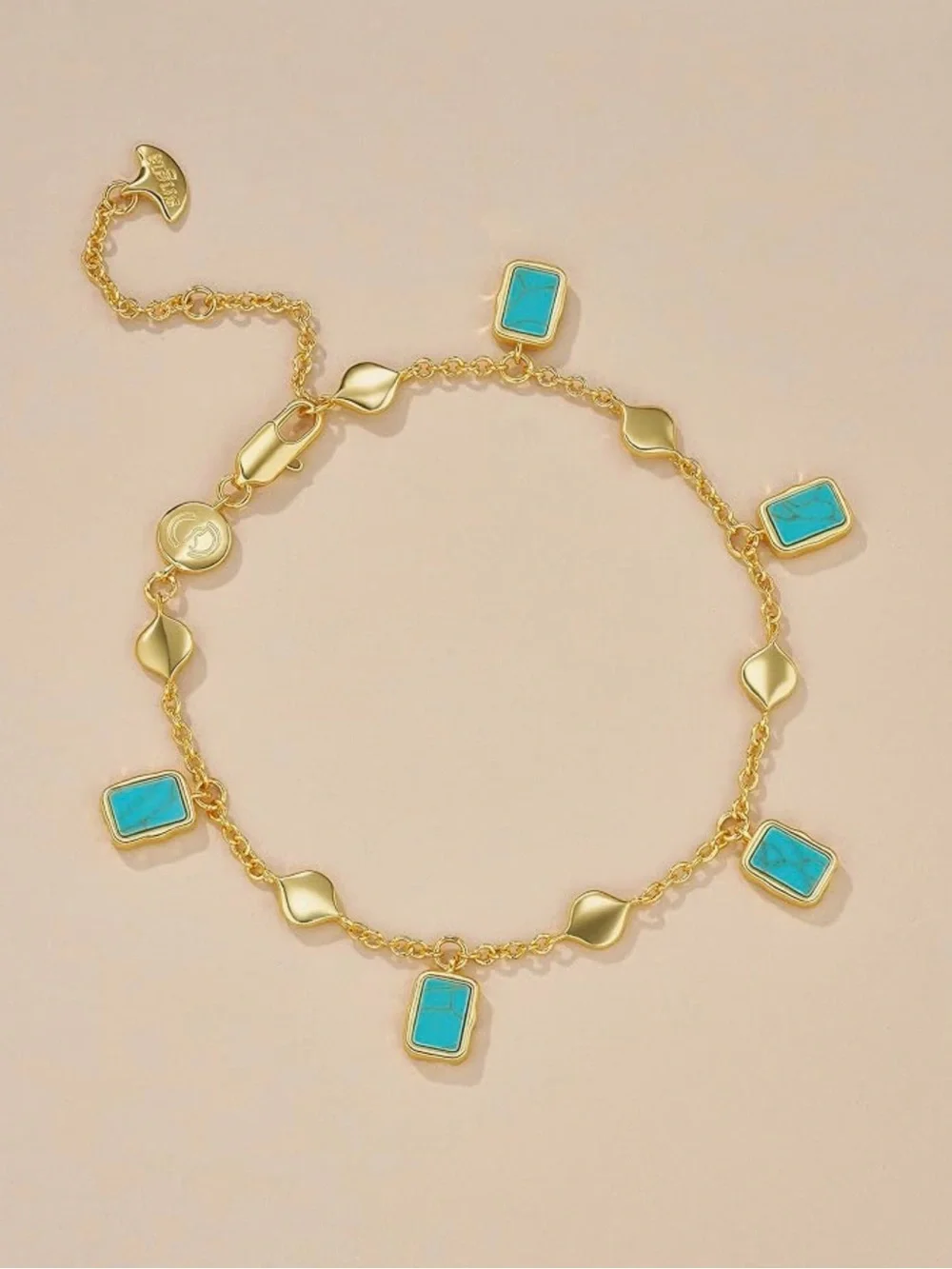 NEW 14K Gold Plated Chain Bracelet with Turquoise Stone Charms